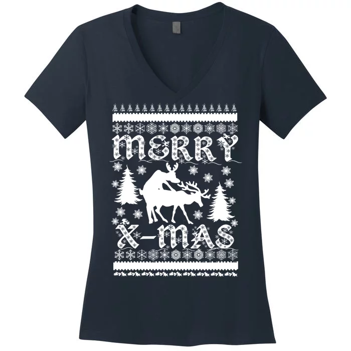 Ugly Christmas X-Mas Frisky Reindeer Humping Women's V-Neck T-Shirt