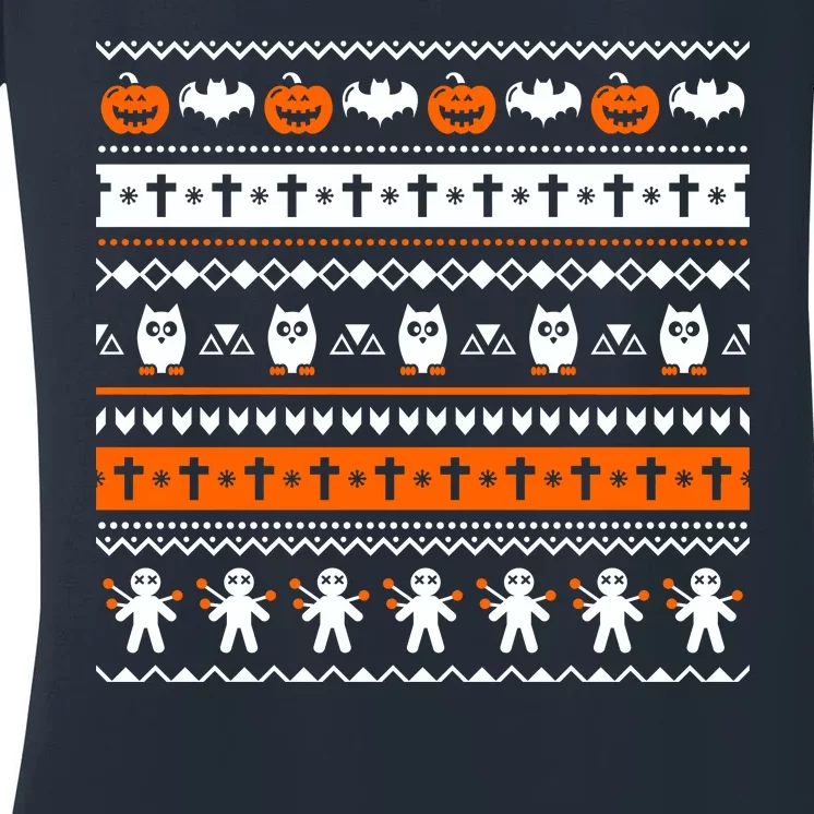 Ugly Halloween Sweater Black Cat Pumpkin Women's V-Neck T-Shirt