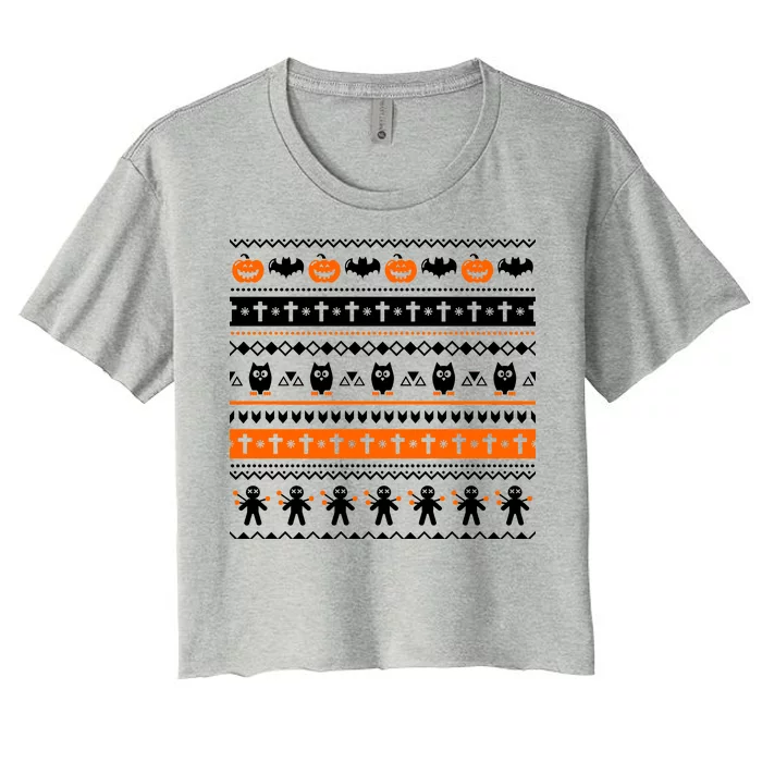 Ugly Halloween Sweater Black Cat Pumpkin Women's Crop Top Tee