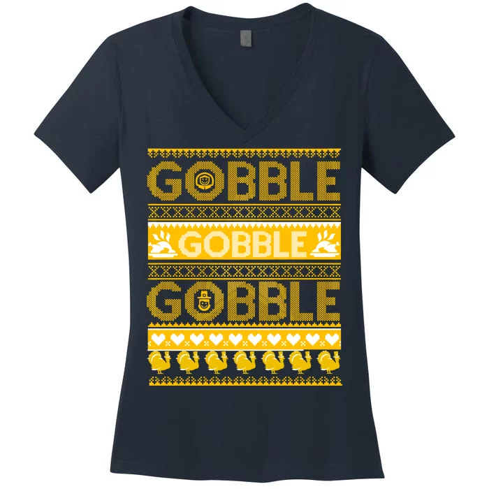 Ugly Thanksgiving Gobble Gobble Gobble Turkey Women's V-Neck T-Shirt