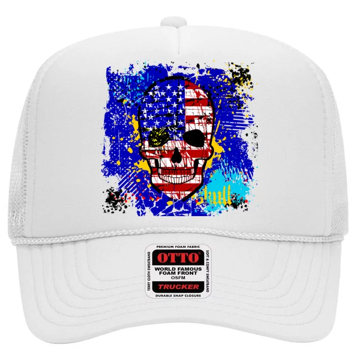 USA Grunge Skull High Crown Mesh Trucker Hat