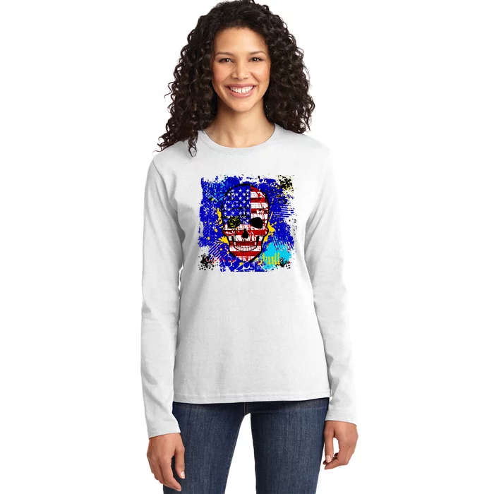 USA Grunge Skull Ladies Long Sleeve Shirt