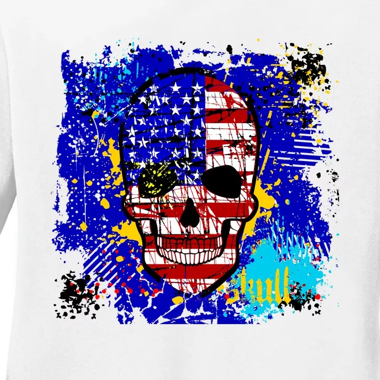 USA Grunge Skull Ladies Long Sleeve Shirt