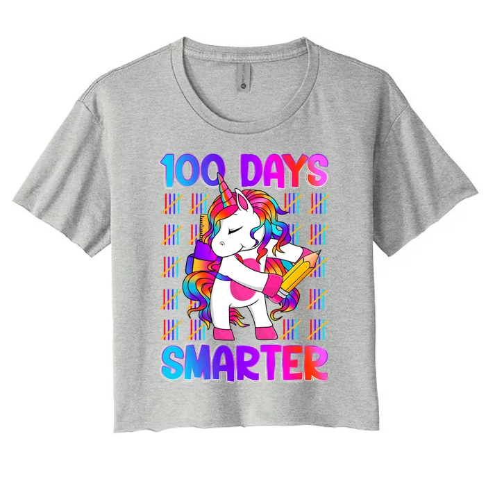 Unicorn Happy 100 Days Of School Smarter Brighter Tie Dye Meaningful Gift Women's Crop Top Tee