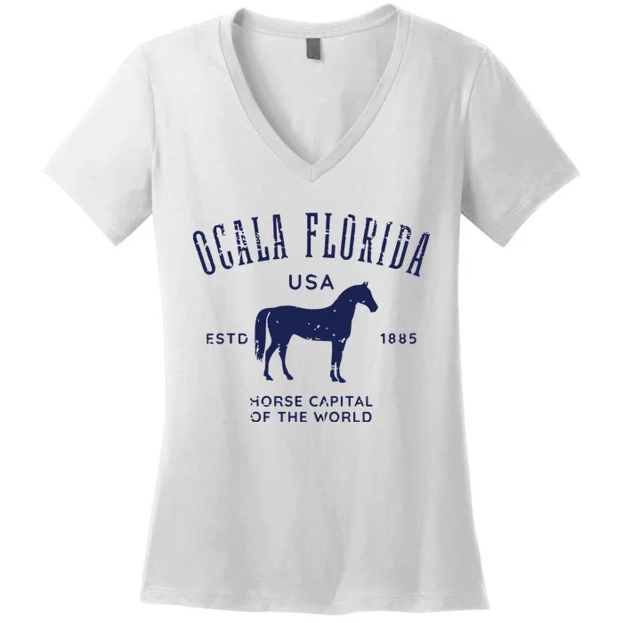 USA Horse Capital Distressed Equestrian Design Women's V-Neck T-Shirt