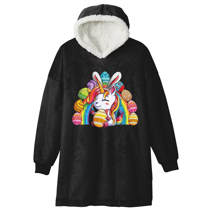 Unicorn Happy Easter Day Bunny Rainbow Egg Hooded Wearable Blanket