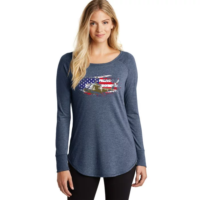 UH1 Huey Helicopter American Flag USA Pilot Vietnam Veteran Women's Perfect Tri Tunic Long Sleeve Shirt