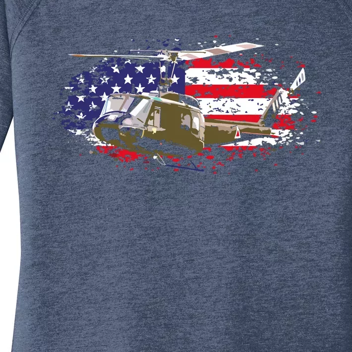 UH1 Huey Helicopter American Flag USA Pilot Vietnam Veteran Women's Perfect Tri Tunic Long Sleeve Shirt