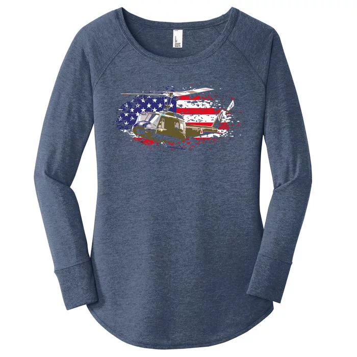 UH1 Huey Helicopter American Flag USA Pilot Vietnam Veteran Women's Perfect Tri Tunic Long Sleeve Shirt