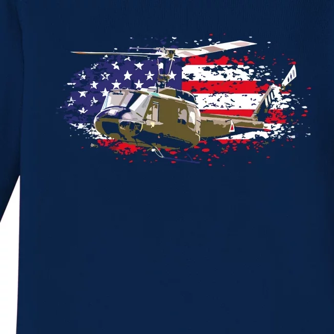 UH1 Huey Helicopter American Flag USA Pilot Vietnam Veteran Baby Long Sleeve Bodysuit