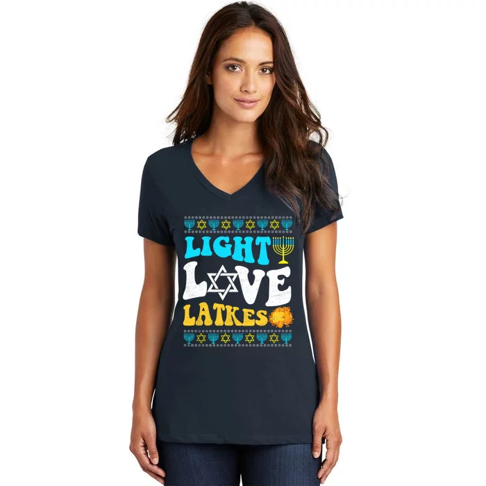 Ugly Hanukkah Sweater - Light Love Latkes Chanukah Jewish Women's V-Neck T-Shirt