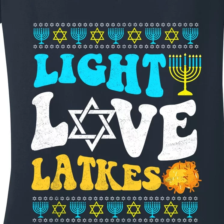 Ugly Hanukkah Sweater - Light Love Latkes Chanukah Jewish Women's V-Neck T-Shirt