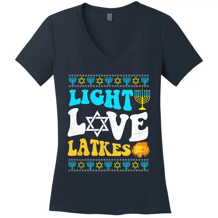 Ugly Hanukkah Sweater - Light Love Latkes Chanukah Jewish Women's V-Neck T-Shirt