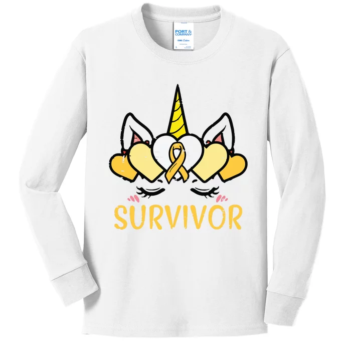 Unicorn Head Survivor Childhood Cancer Awareness Girl Kids Long Sleeve Shirt