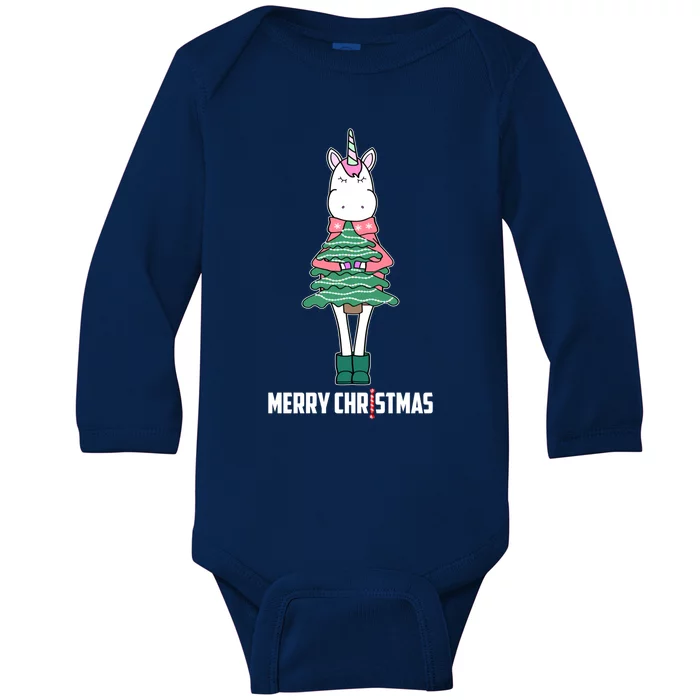 Unicorn Holds The Christmas Tree Cute Unicorn Xmas Tree Gift Baby Long Sleeve Bodysuit