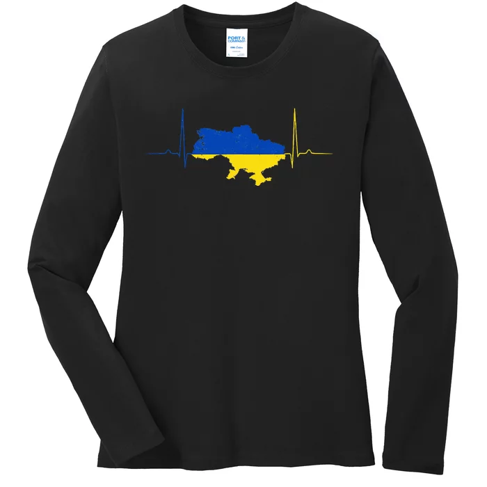 Ukraine Heart Ukrainian Heartbeat Vintage Ukraine Map Ladies Long Sleeve Shirt