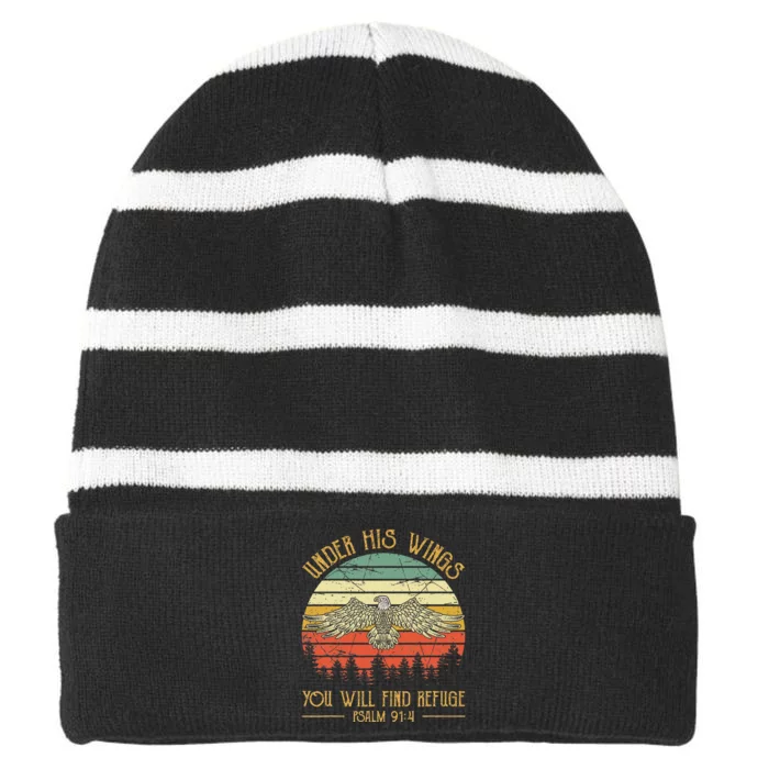 Under His Wings You Will Find Refuge Christian Bald Eagle Striped Beanie with Solid Band