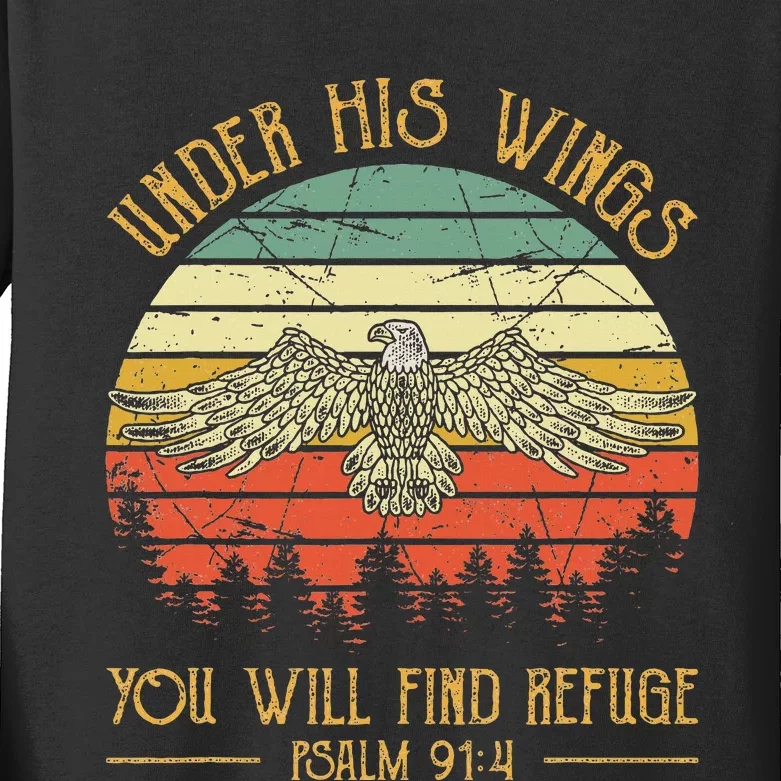 Under His Wings You Will Find Refuge Christian Bald Eagle Kids Long Sleeve Shirt