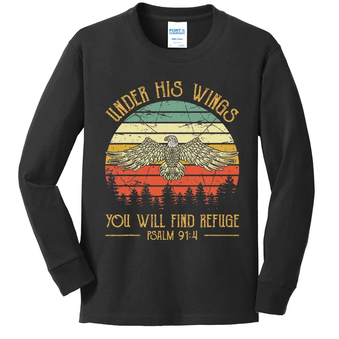 Under His Wings You Will Find Refuge Christian Bald Eagle Kids Long Sleeve Shirt