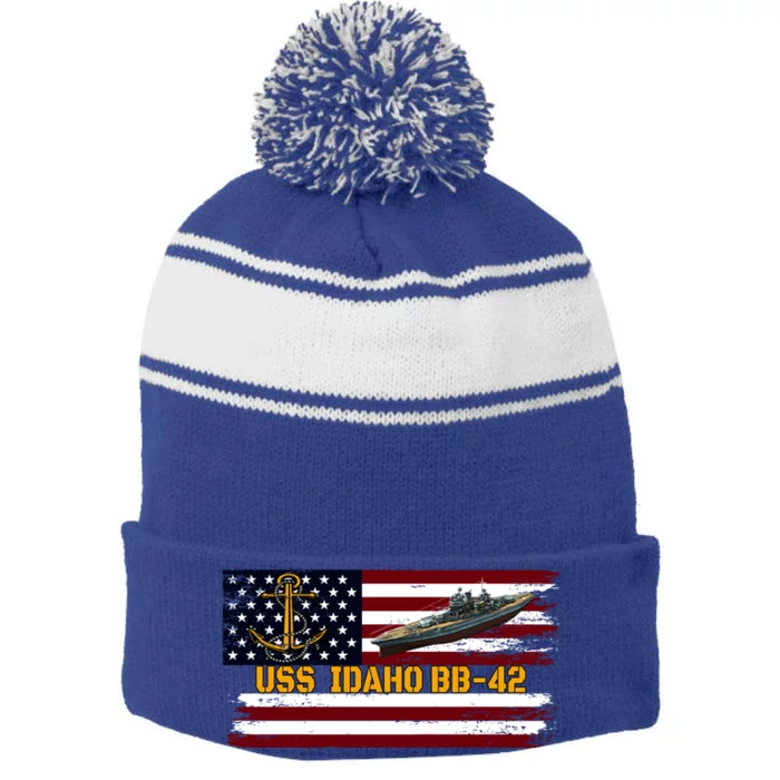 Uss Idaho Bbgift42 Ww2 Battleship Warship Veterans Day Father's Cool Gift Stripe Pom Pom Beanie