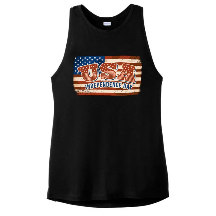 USA Independence Day Vintage Flag Ladies Tri-Blend Wicking Tank