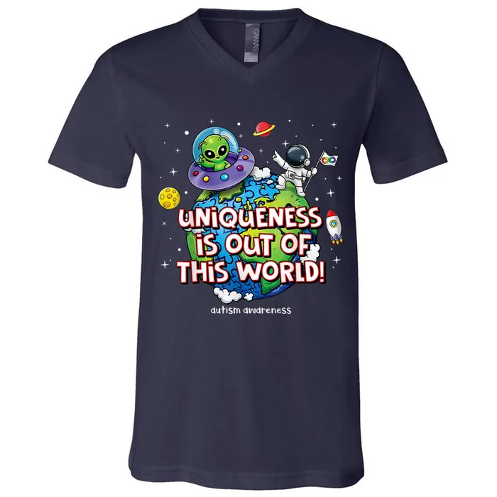 Uniqueness Is Out Of This World Autism Awareness V-Neck T-Shirt