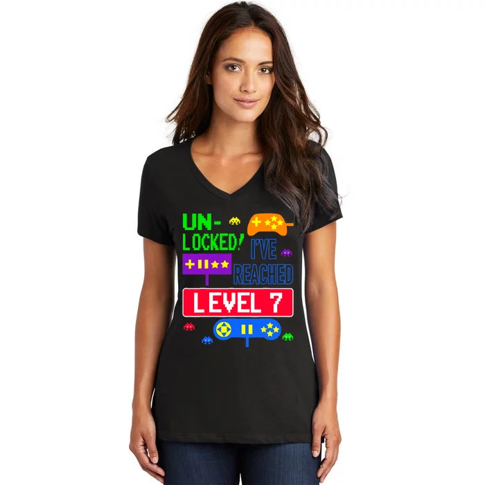 Unlocked Ive Reached Level 7 Arcade 7th Birthday Party Gift Women's V-Neck T-Shirt