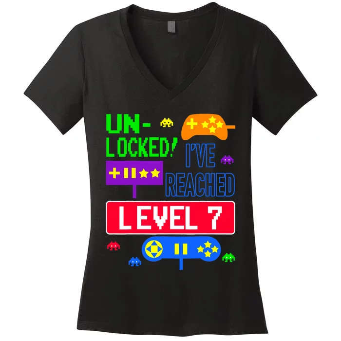 Unlocked Ive Reached Level 7 Arcade 7th Birthday Party Gift Women's V-Neck T-Shirt