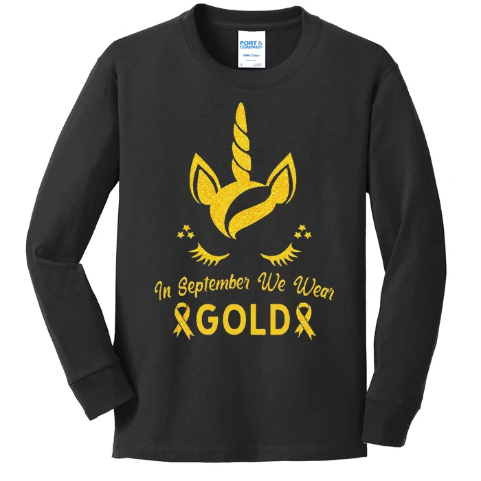 Unicorn In September We Wear Gold Childhood Cancer Awareness Kids Long Sleeve Shirt