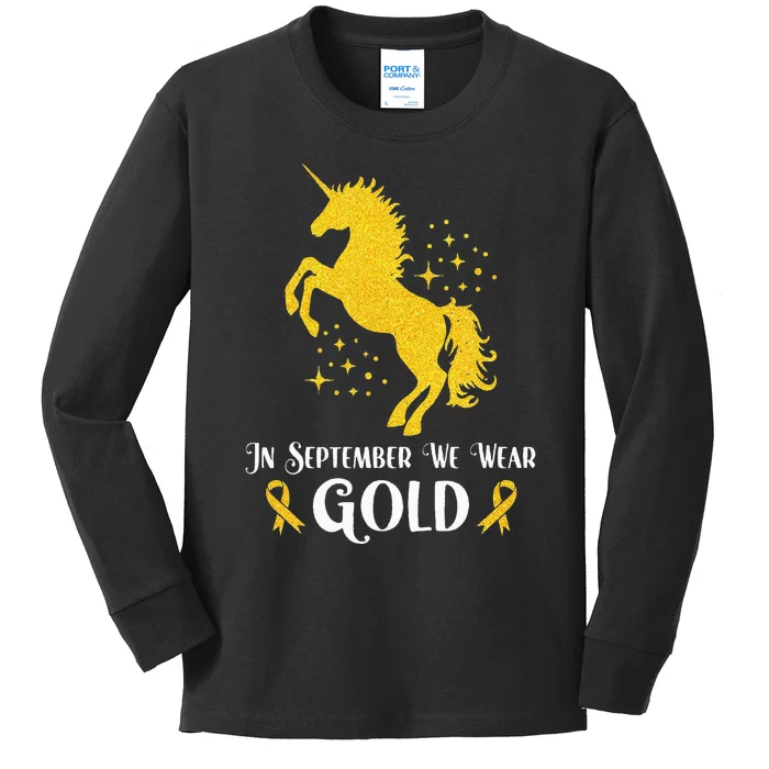 Unicorn In September We Wear Gold Childhood Cancer Awareness Kids Long Sleeve Shirt