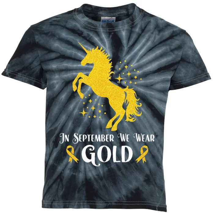 Unicorn In September We Wear Gold Childhood Cancer Awareness Kids Tie-Dye T-Shirt