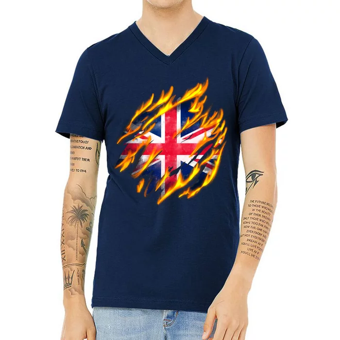 United Kingdom Flame Flag V-Neck T-Shirt