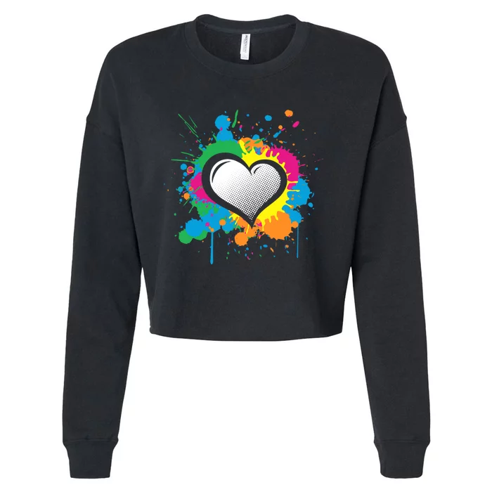 Unique Love Heart Multi Color Paint Splash Splatter Cropped Pullover Crew