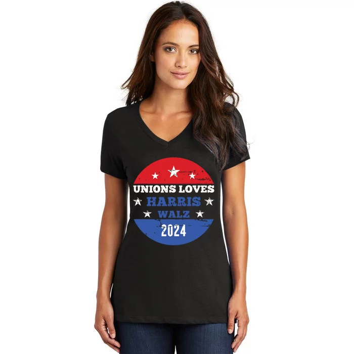 Unions Loves Harris Walz Waltz President 2024 Women's V-Neck T-Shirt