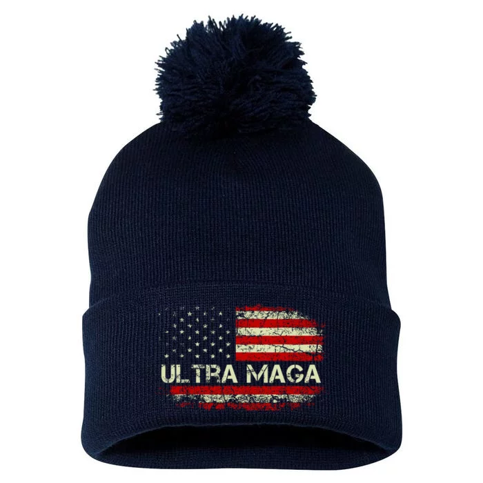 Ultra Maga American Flag Pom Pom 12in Knit Beanie