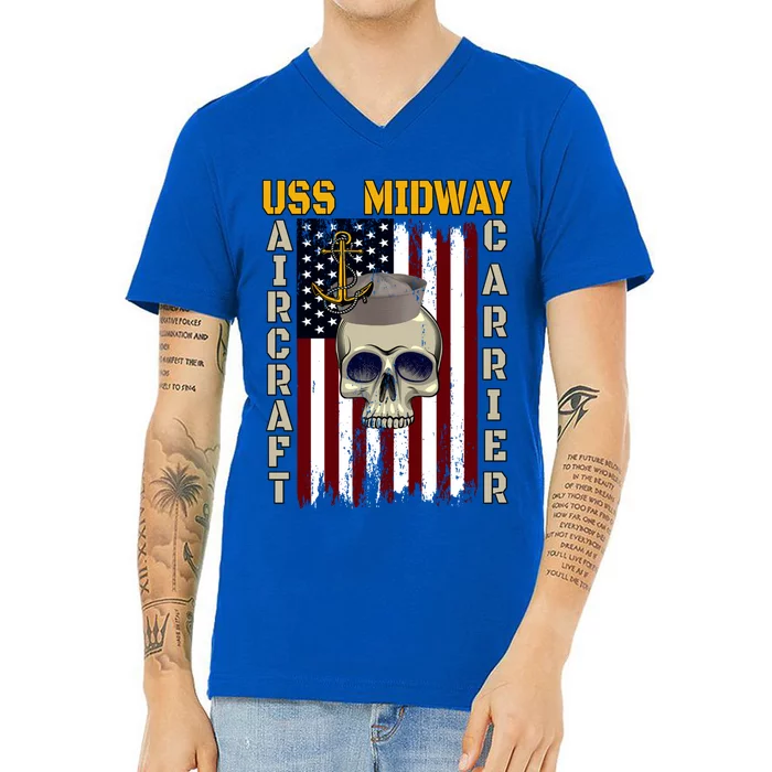 Uss Midway Aircraft Carrier Veterans Day Dad Son Grandpa Gift V-Neck T-Shirt