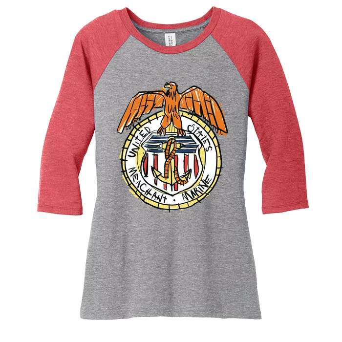 USA Marine Badge Doodle Women's Tri-Blend 3/4-Sleeve Raglan Shirt