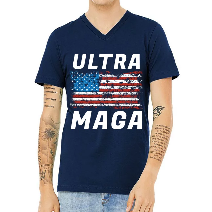 Ultra MAGA Bold United States Of America USA Flag V-Neck T-Shirt