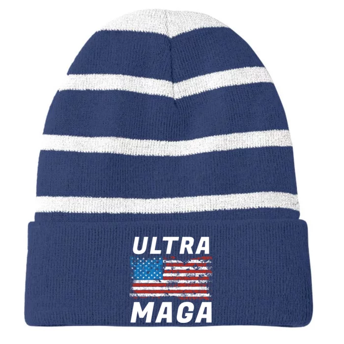 Ultra MAGA Bold United States Of America USA Flag Striped Beanie with Solid Band