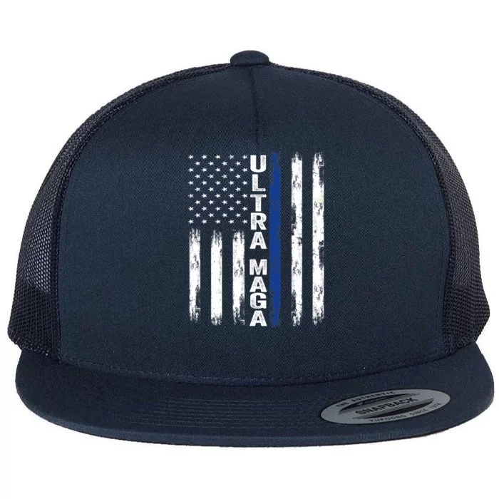 Ultra MAGA Blue Line Vintage America Flag Design 1 Flat Bill Trucker Hat