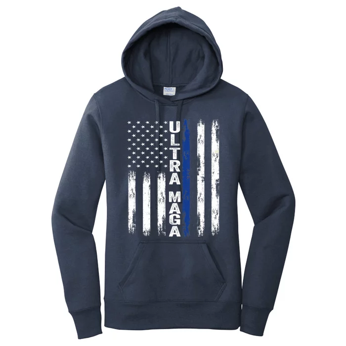 Ultra MAGA Blue Line Vintage America Flag Design 1 Women's Pullover Hoodie