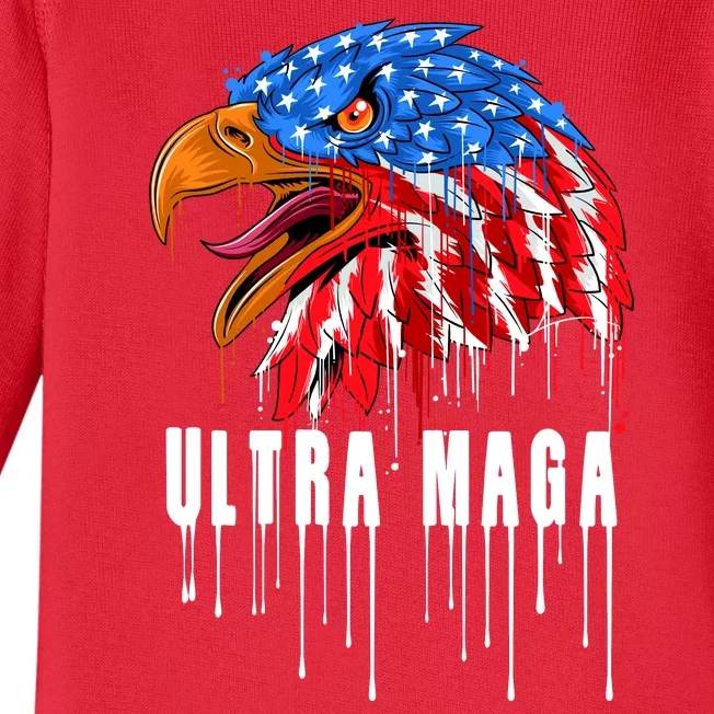 Ultra MAGA Bald Eagle Bloody Splatter Trump 2024 Anti Biden Baby Long Sleeve Bodysuit