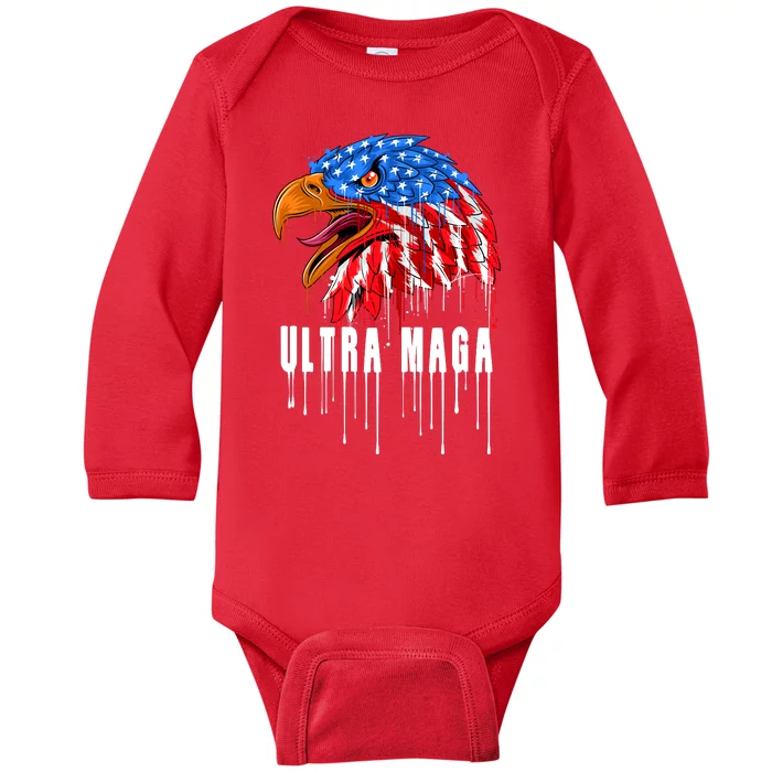 Ultra MAGA Bald Eagle Bloody Splatter Trump 2024 Anti Biden Baby Long Sleeve Bodysuit