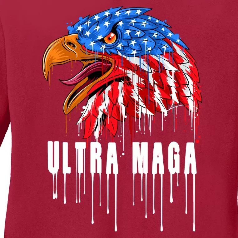 Ultra MAGA Bald Eagle Bloody Splatter Trump 2024 Anti Biden Ladies Long Sleeve Shirt