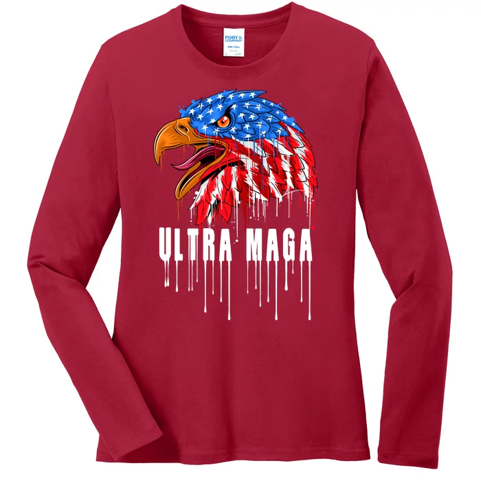 Ultra MAGA Bald Eagle Bloody Splatter Trump 2024 Anti Biden Ladies Long Sleeve Shirt