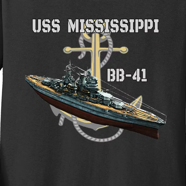 Uss Mississippi Bb41 Battleship Ww2 American Warship Kids Long Sleeve Shirt