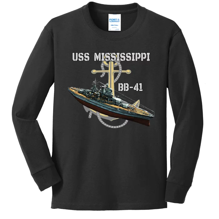 Uss Mississippi Bb41 Battleship Ww2 American Warship Kids Long Sleeve Shirt