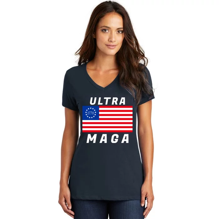 Ultra MAGA Betsy Ross 1776 Flag Trump 2024 Anti Biden Women's V-Neck T-Shirt