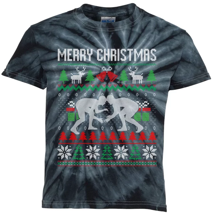 Ugly Merry Christmas Wrestling Wrestler Santa Xmas Costume Kids Tie-Dye T-Shirt