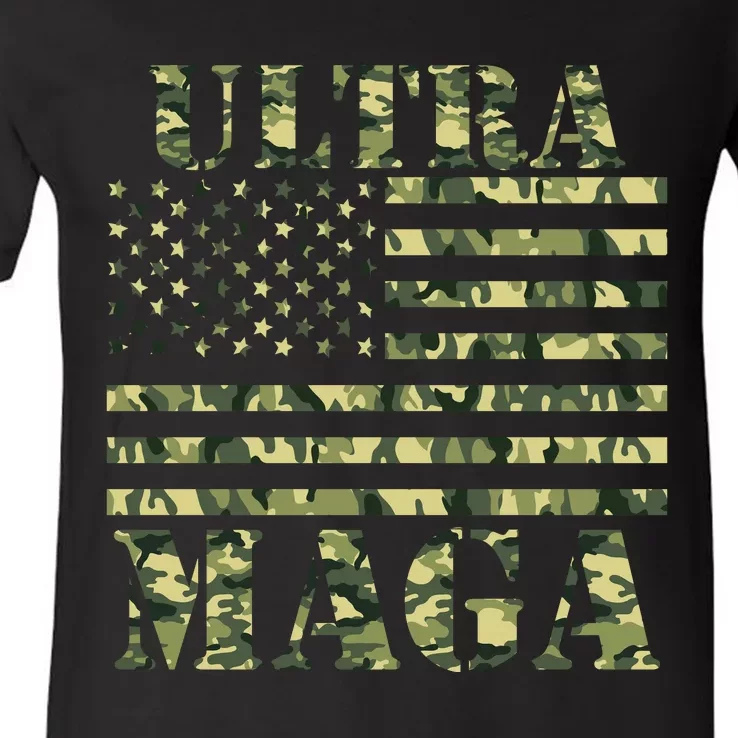 Ultra MAGA Camouflage Camo USA United States Of America Flag V-Neck T-Shirt